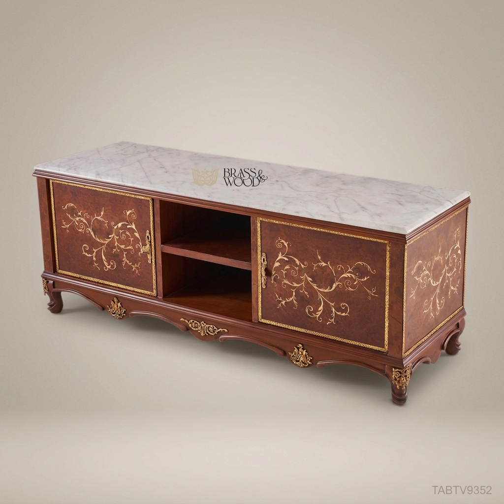 Napoleon III Rococo Revival TV Cabinet – Marble Top with Gold Acanthus Marquetry