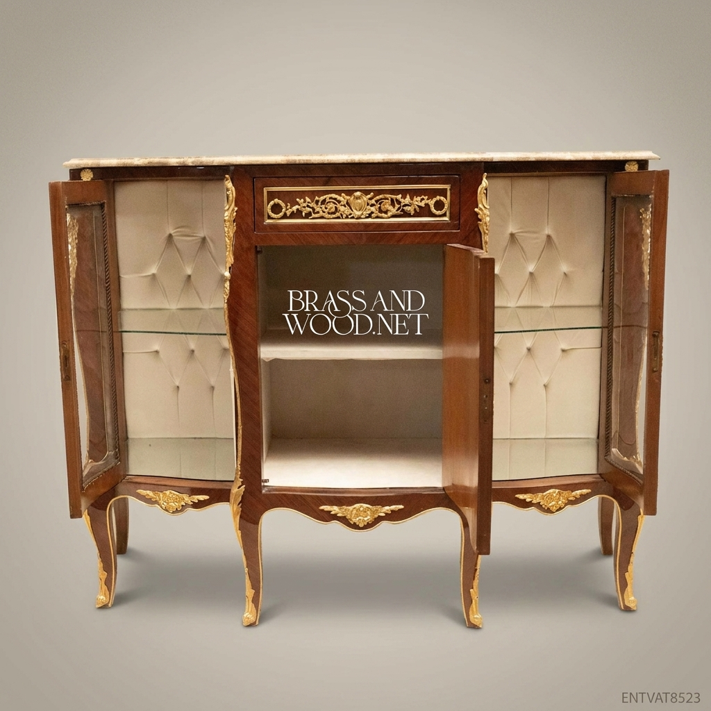 Napoleon III Rococo Revival Vitrine Credenza with Marble Top & Gilt Ormolu Mounts
