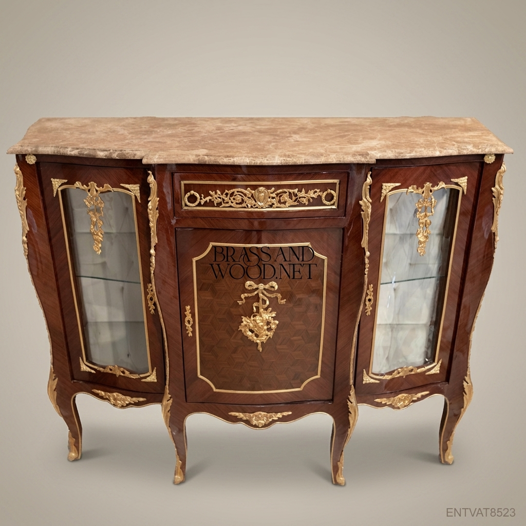 Napoleon III Rococo Revival Vitrine Credenza with Marble Top & Gilt Ormolu Mounts