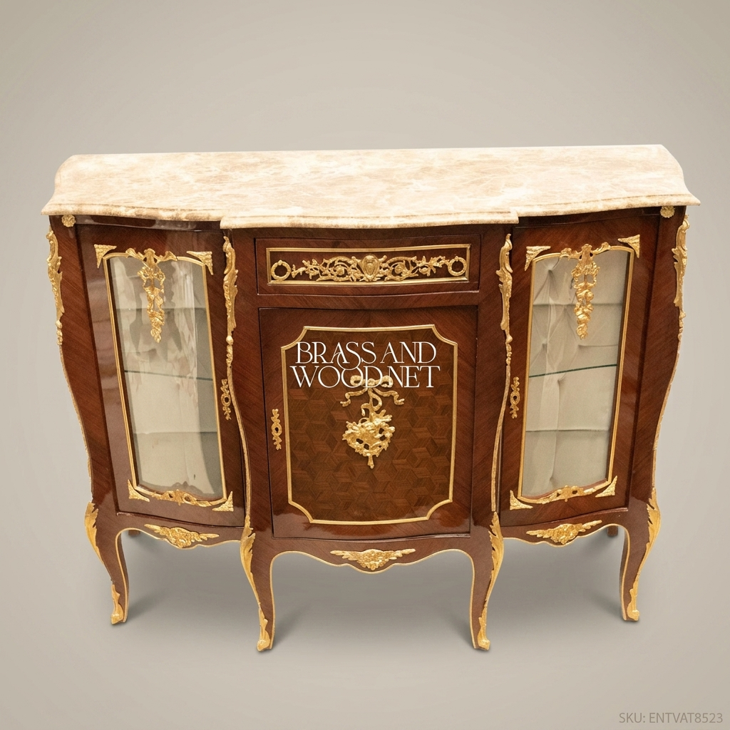 Napoleon III Rococo Revival Vitrine Credenza with Marble Top & Gilt Ormolu Mounts