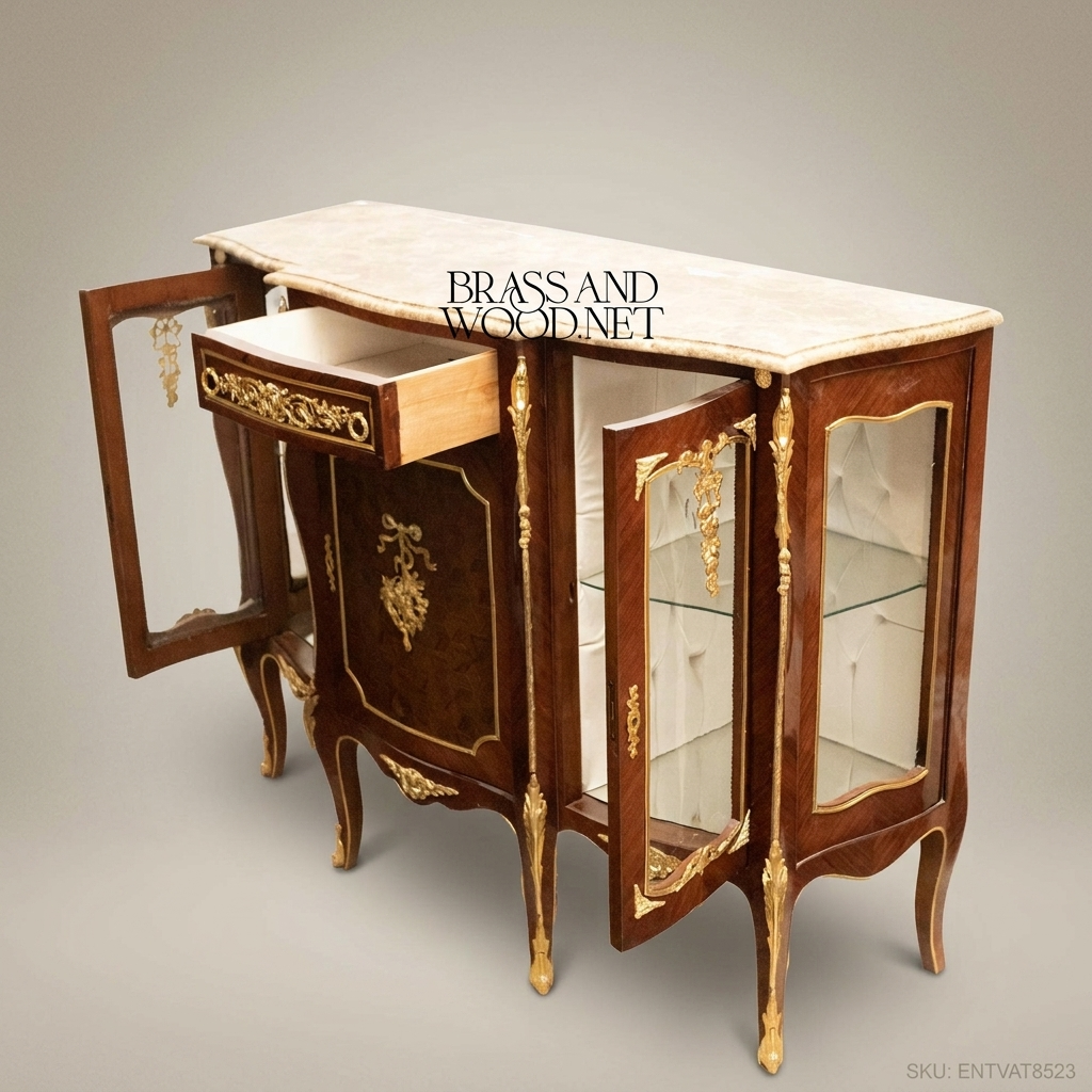 Napoleon III Rococo Revival Vitrine Credenza with Marble Top & Gilt Ormolu Mounts