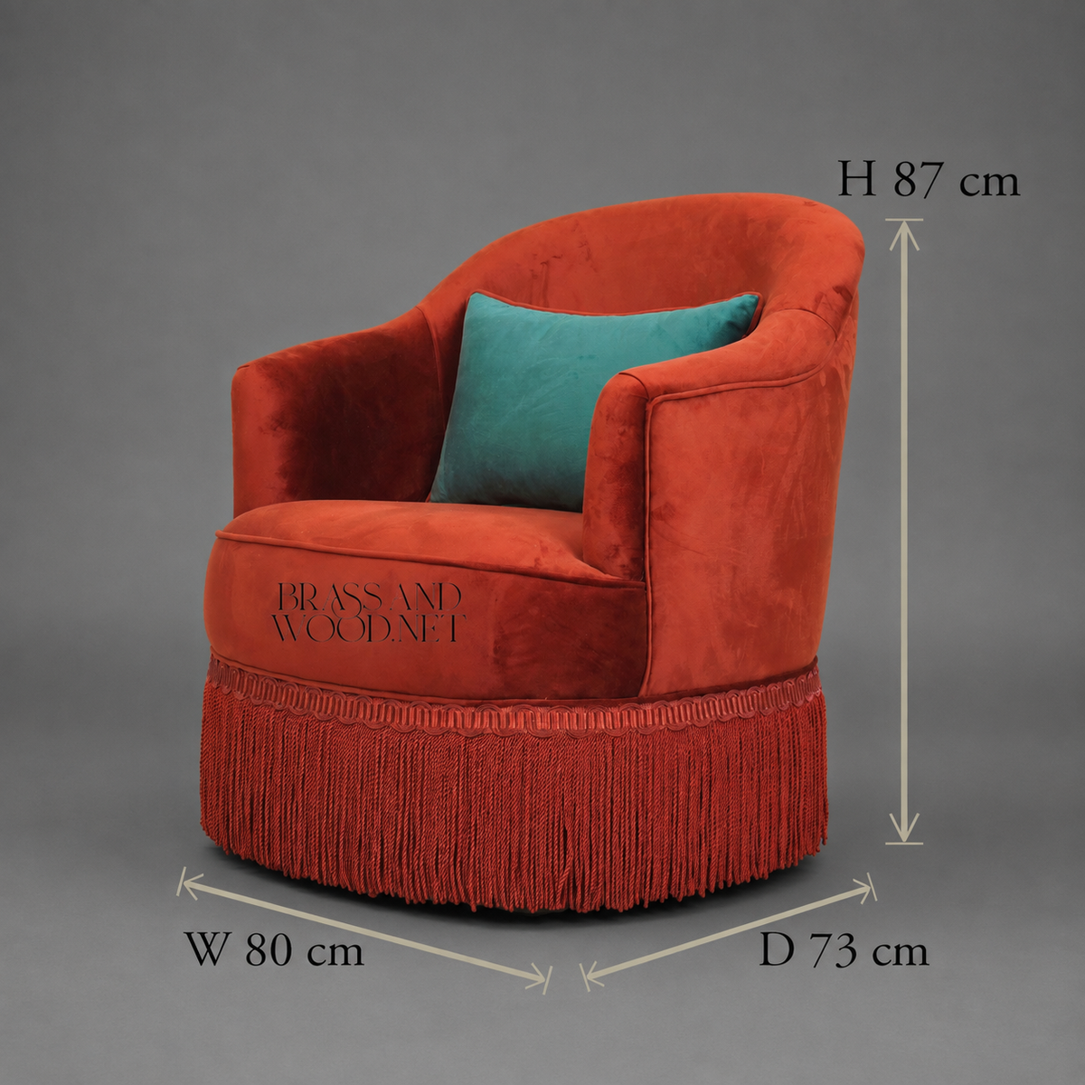 Napoleon III Terracotta Velvet Crapaud Tub Armchair with Bullion Fringe Skirt and Teal Accent Cushion Main View | Brass & Wood