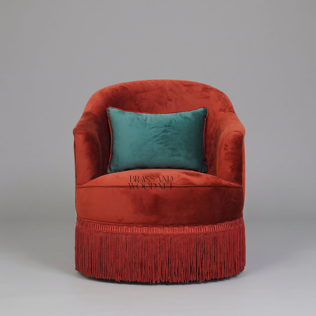 Napoleon III Terracotta Velvet Crapaud Tub Armchair with Bullion Fringe Skirt and Teal Accent Cushion View 2 | Brass & Wood