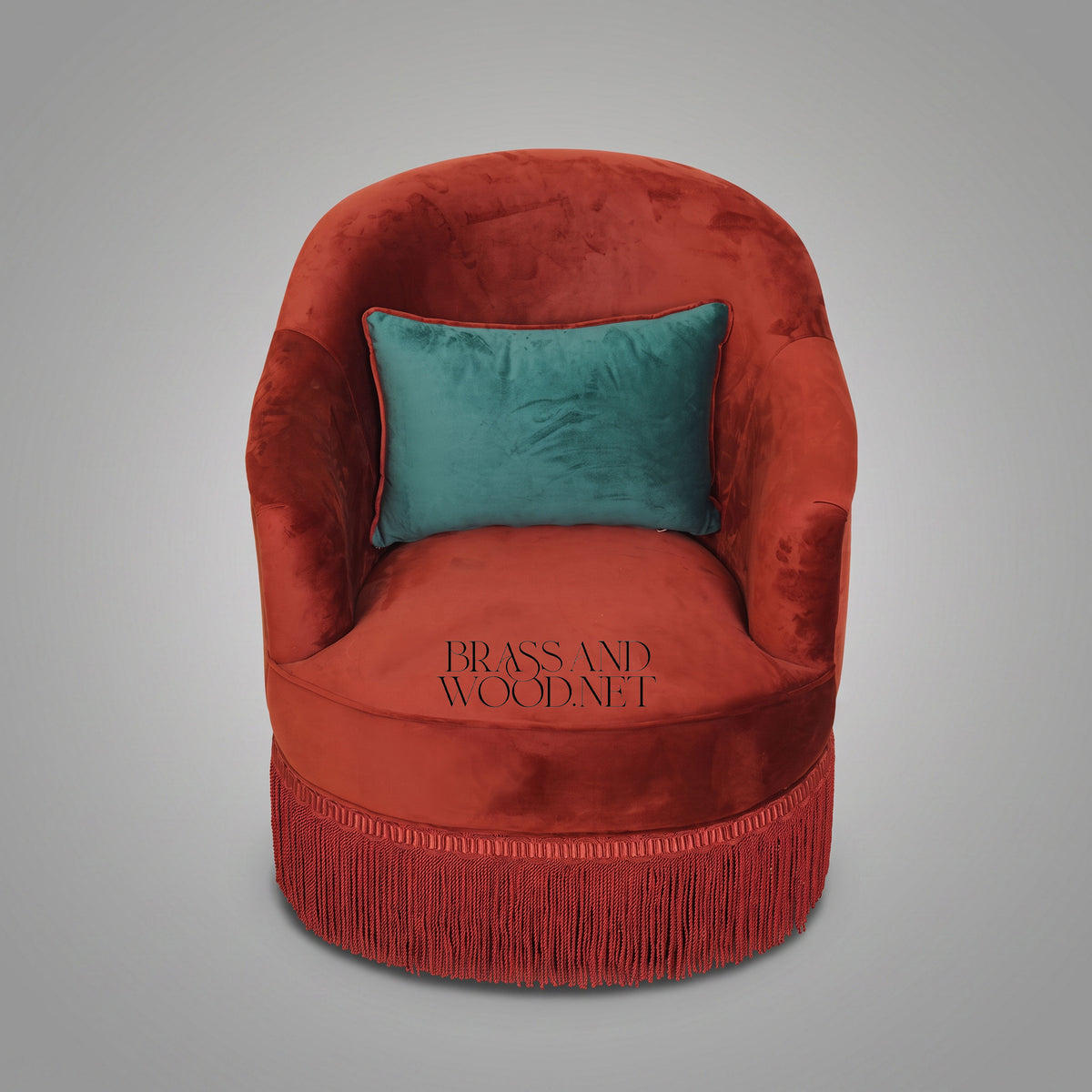 Napoleon III Terracotta Velvet Crapaud Tub Armchair with Bullion Fringe Skirt and Teal Accent Cushion View 3 | Brass & Wood