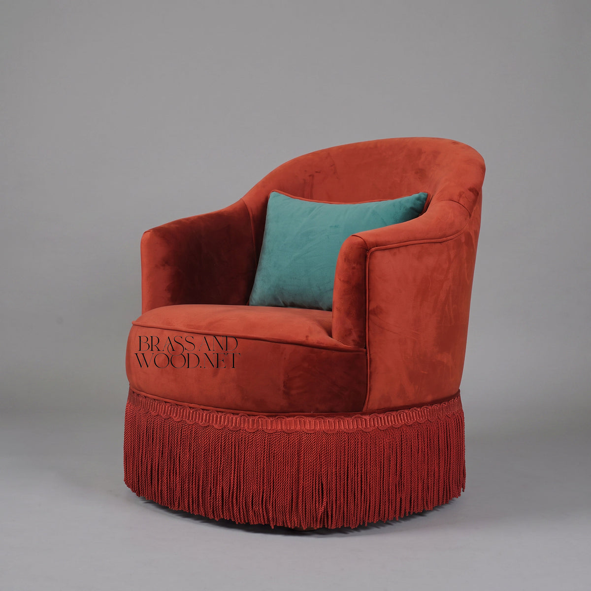Napoleon III Terracotta Velvet Crapaud Tub Armchair with Bullion Fringe Skirt and Teal Accent Cushion View 4 | Brass & Wood