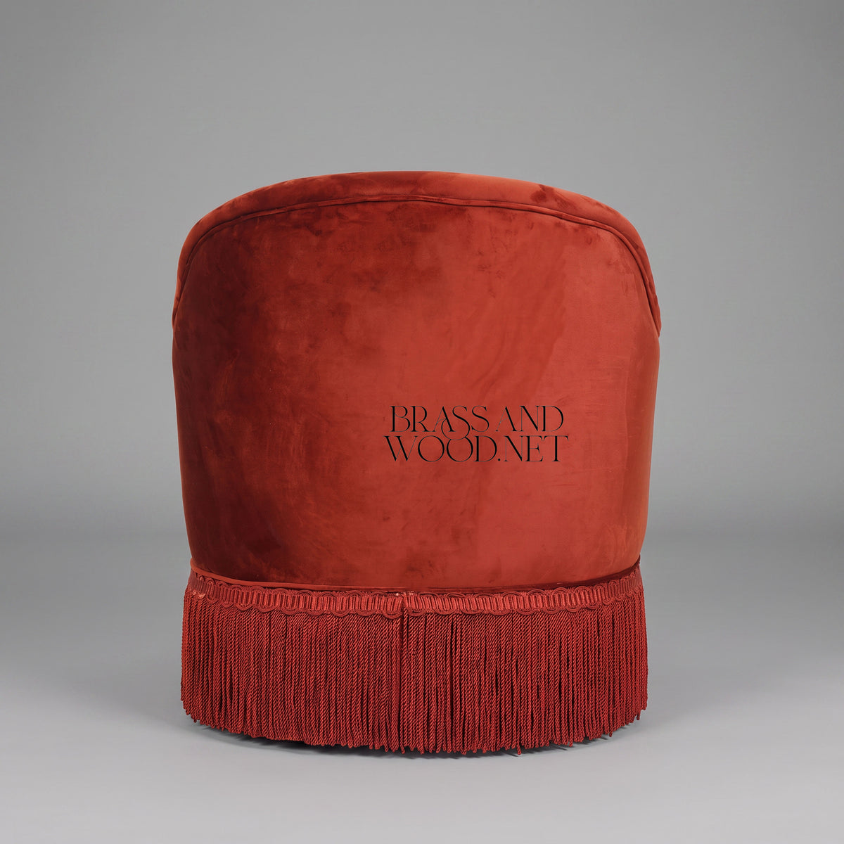 Napoleon III Terracotta Velvet Crapaud Tub Armchair with Bullion Fringe Skirt and Teal Accent Cushion View 5 | Brass & Wood