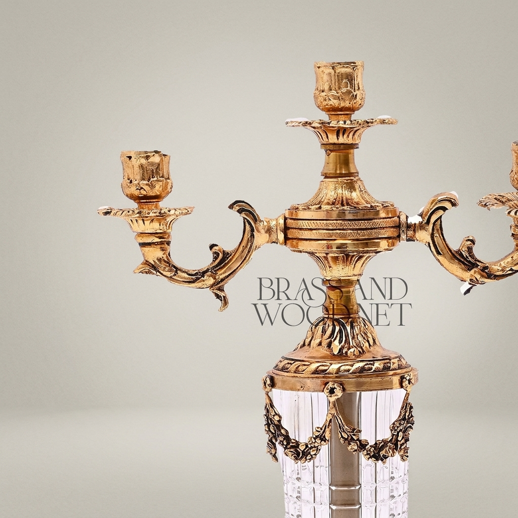 Neoclassical 3-Arm Brass & Crystal Candelabra with Fluted Column and Floral Swag Mounts
