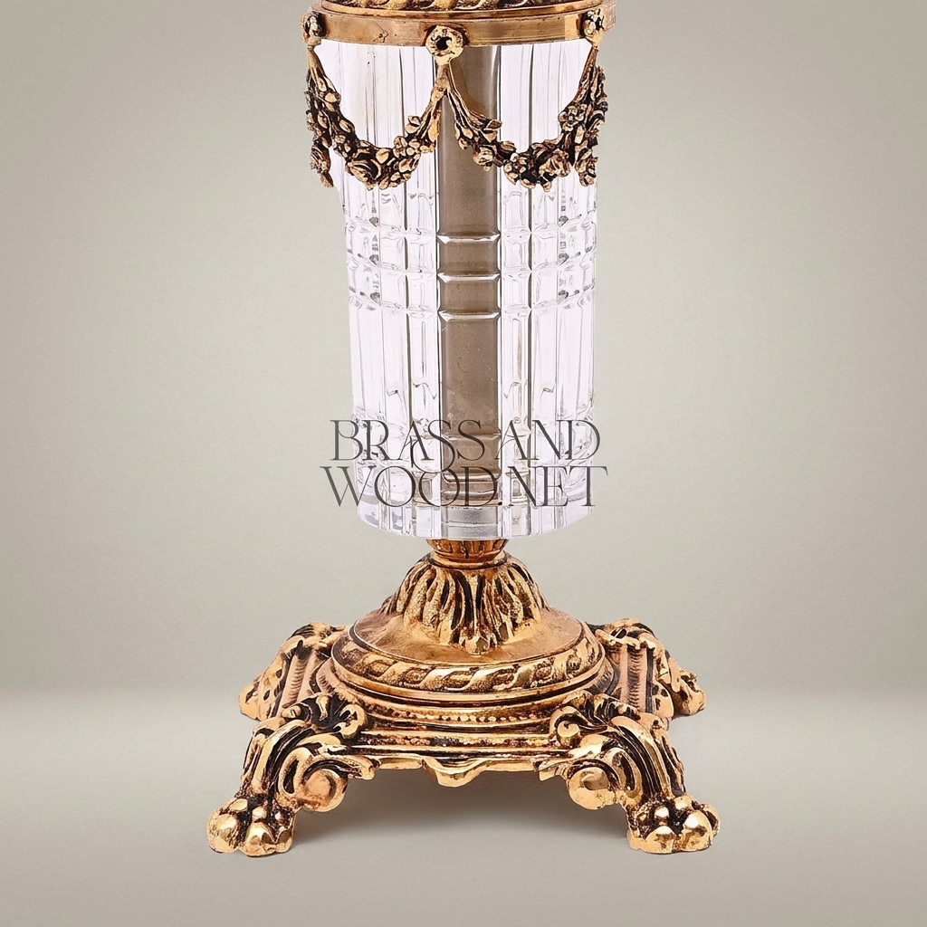 Neoclassical 3-Arm Brass & Crystal Candelabra with Fluted Column and Floral Swag Mounts — Gold