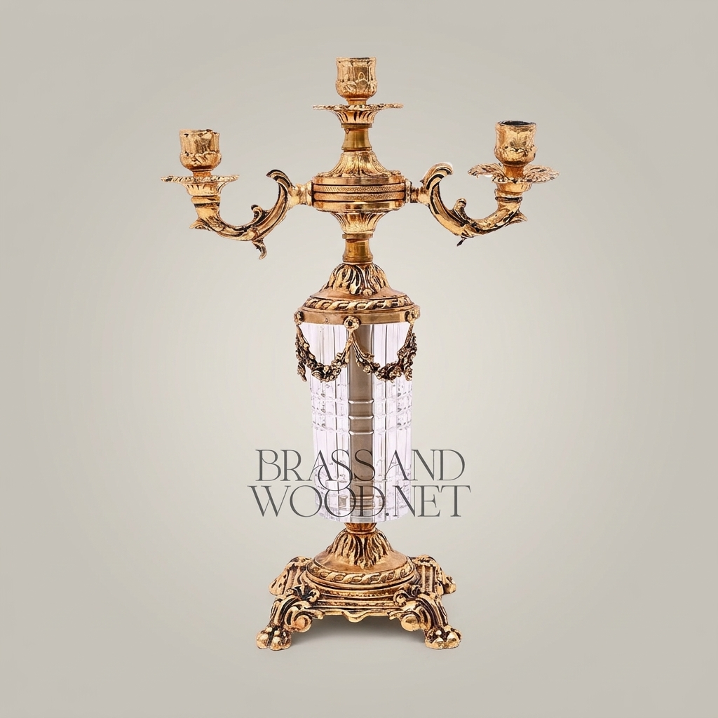 Neoclassical 3-Arm Brass & Crystal Candelabra with Fluted Column and Floral Swag Mounts — Gold