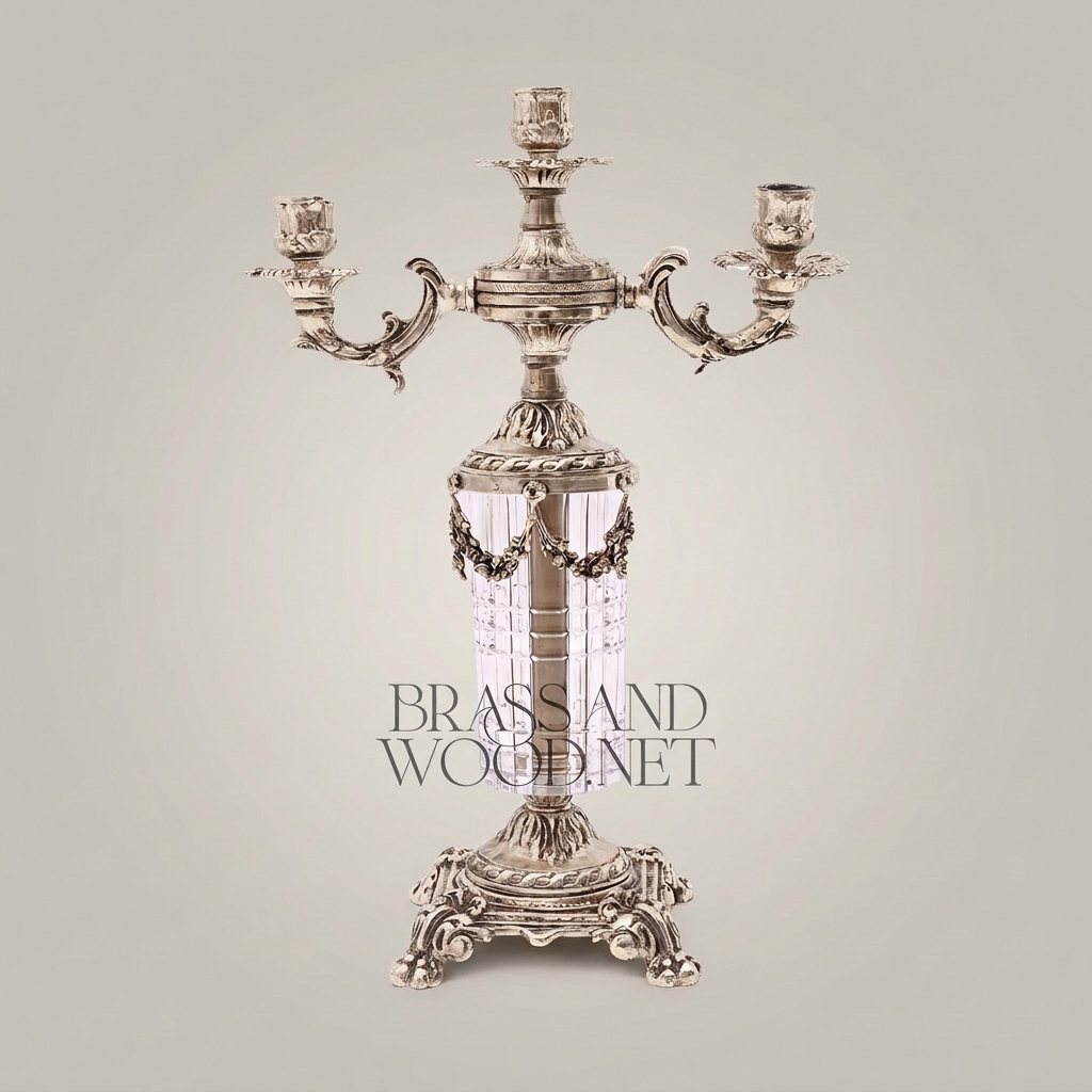 Neoclassical 3-Arm Brass & Crystal Candelabra with Fluted Column and Floral Swag Mounts — Silver