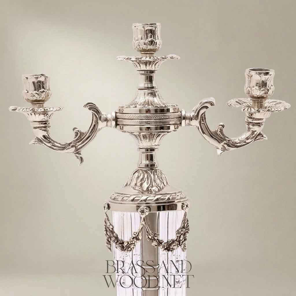 Neoclassical 3-Arm Brass & Crystal Candelabra with Fluted Column and Floral Swag Mounts — Silver