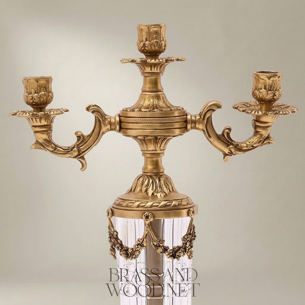Neoclassical 3-Arm Brass & Crystal Candelabra with Fluted Column and Floral Swag Mounts — Antique Gold