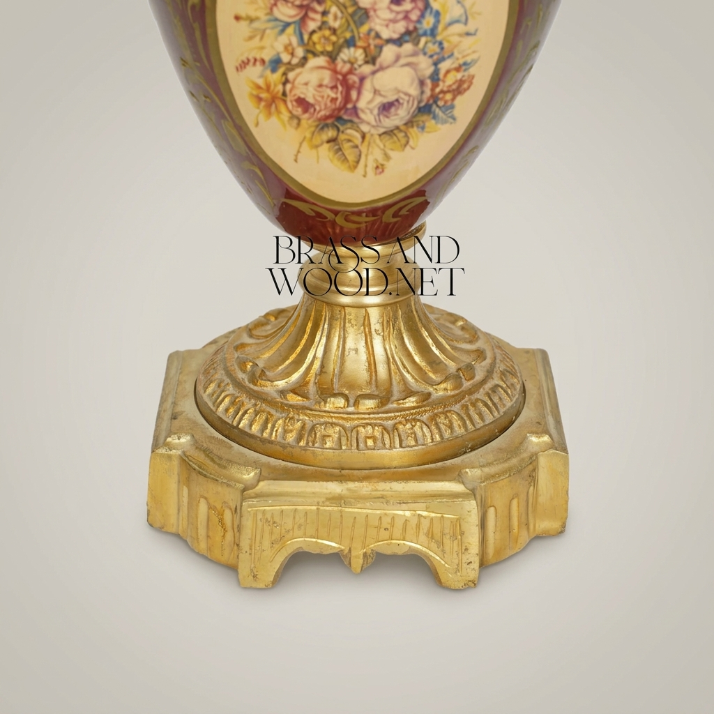 Neoclassical 5-Arm Candelabra with Crimson Porcelain Urn Base and Floral Medallion — Antique Gold
