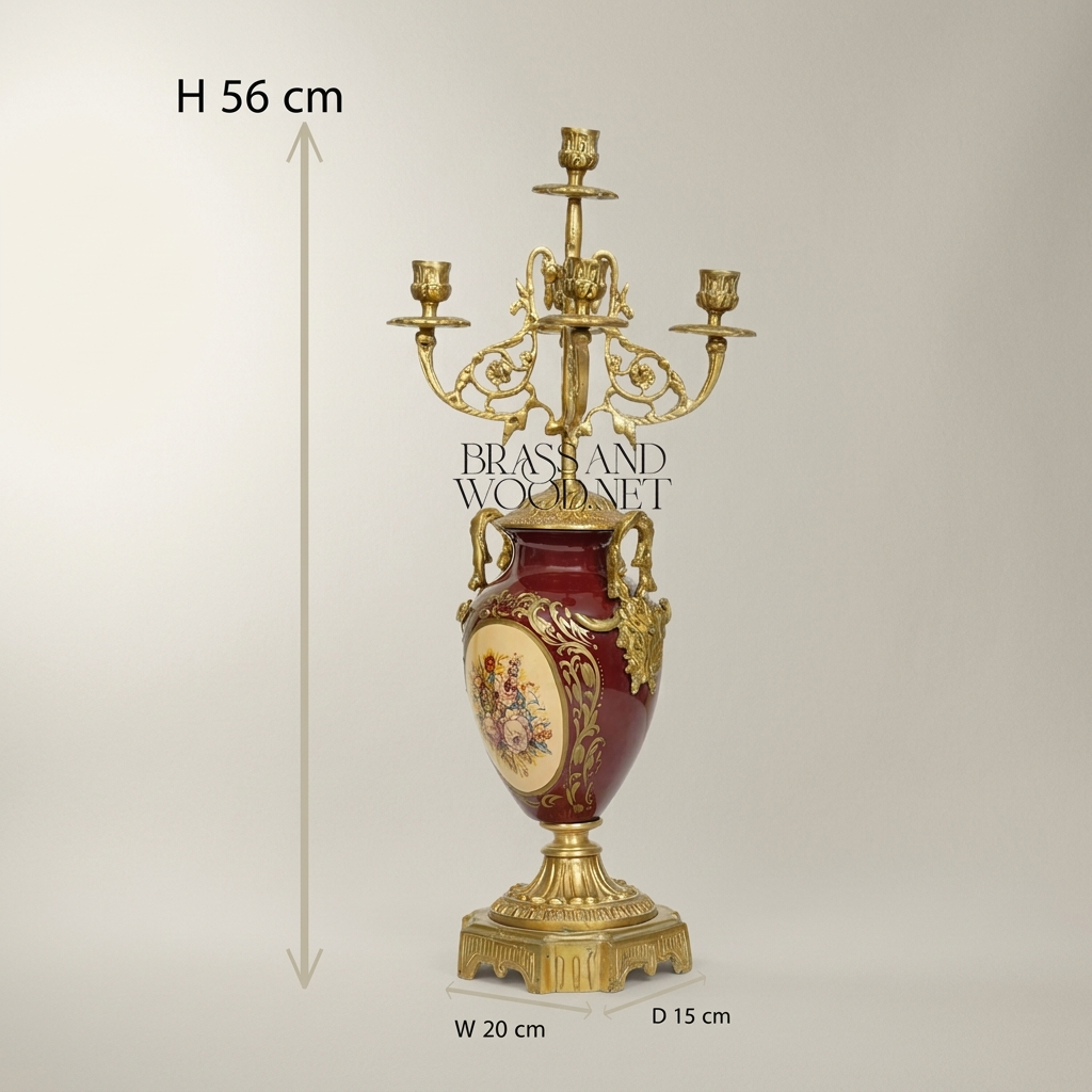 Neoclassical 5-Arm Candelabra with Crimson Porcelain Urn Base and Floral Medallion — Antique Gold