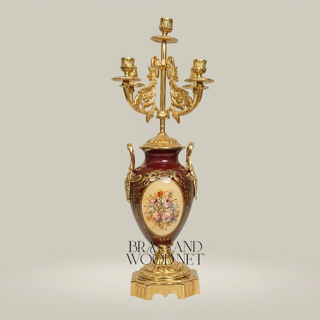 Neoclassical 5-Arm Candelabra with Crimson Porcelain Urn Base and Floral Medallion — Gold