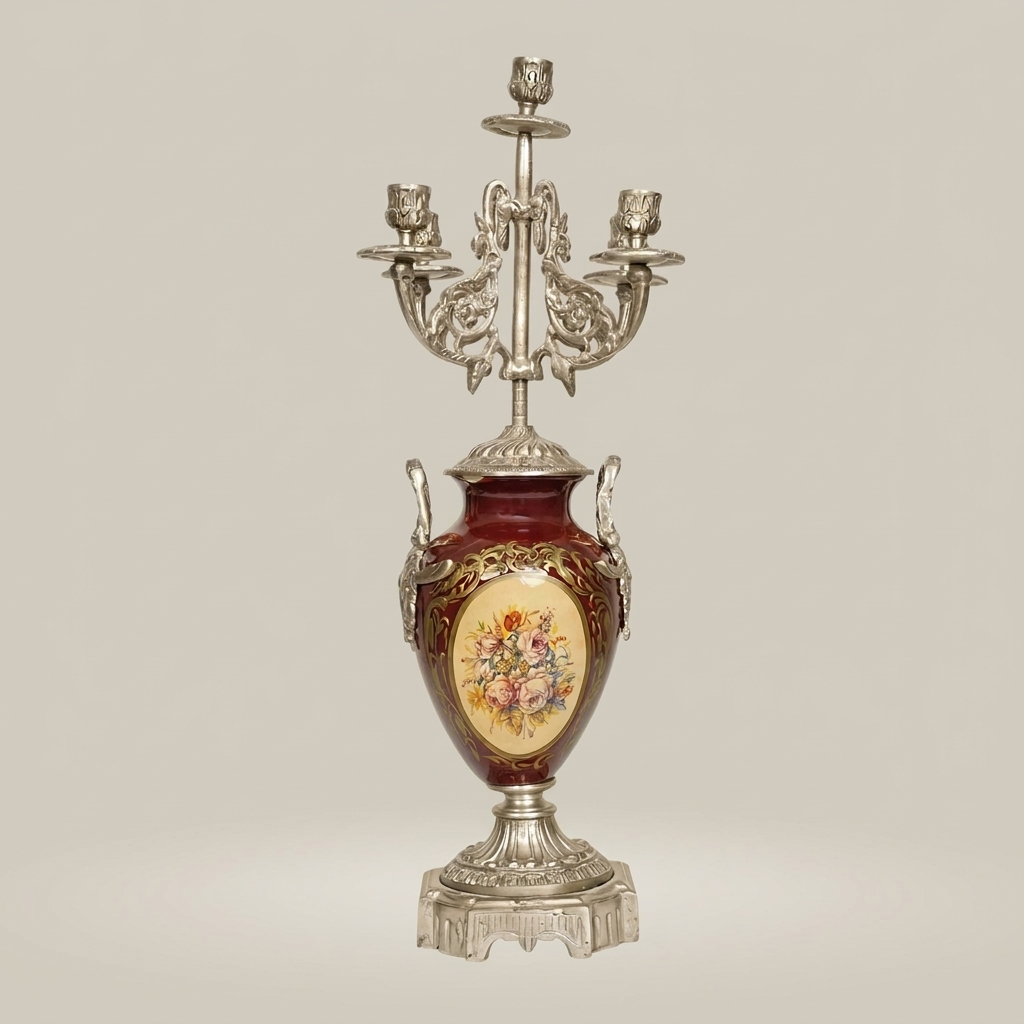 Neoclassical 5-Arm Candelabra with Crimson Porcelain Urn Base and Floral Medallion — Silver