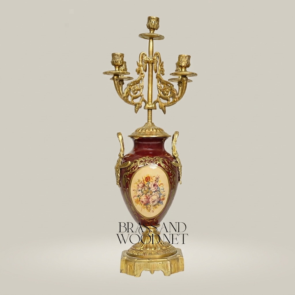 Neoclassical 5-Arm Candelabra with Crimson Porcelain Urn Base and Floral Medallion — Antique Gold