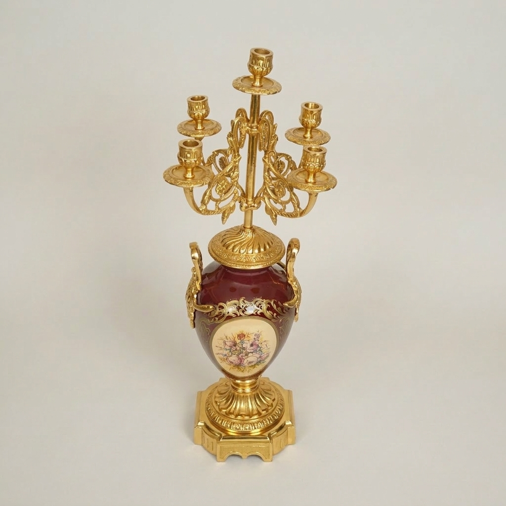 Neoclassical 5-Arm Candelabra with Crimson Porcelain Urn Base and Floral Medallion — Gold