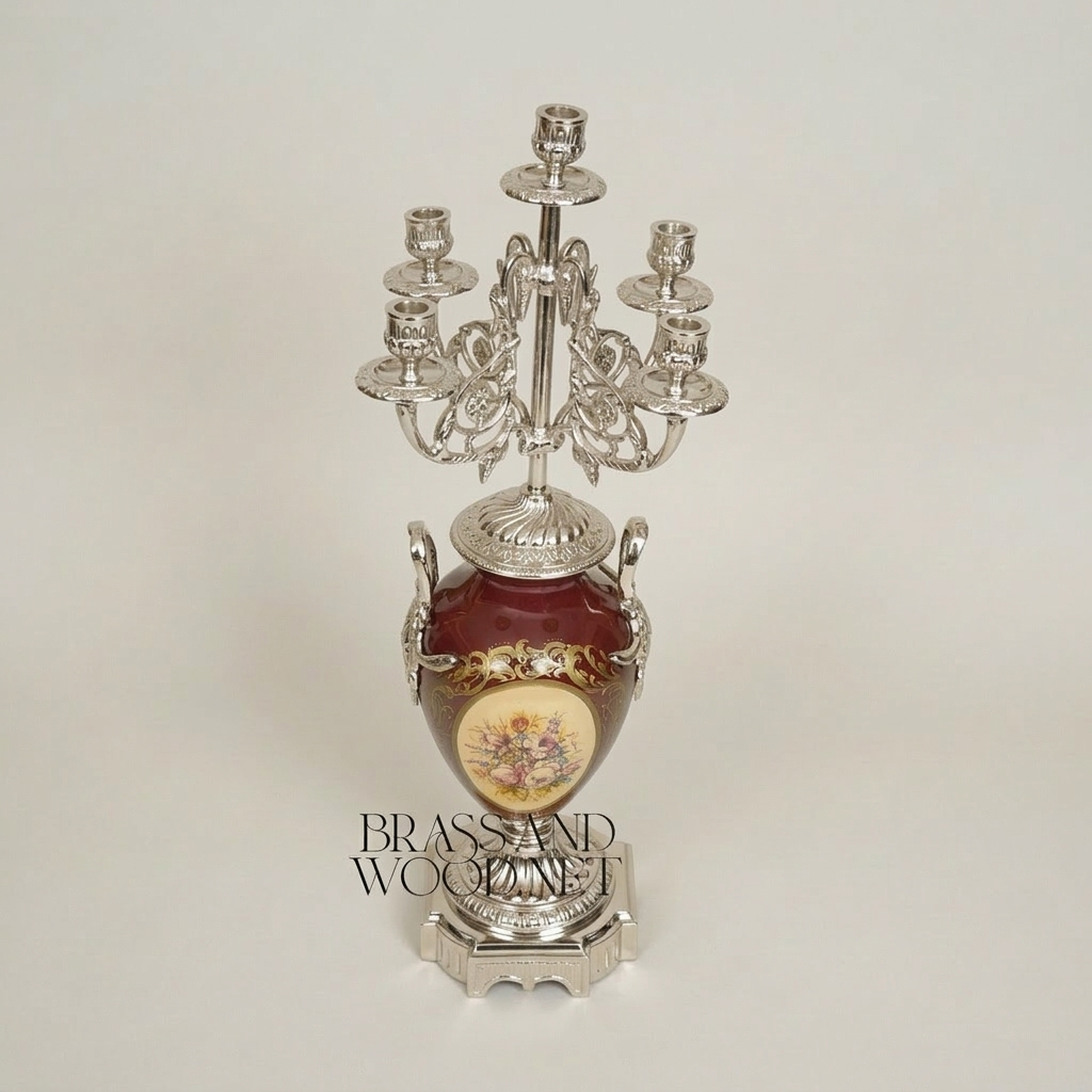 Neoclassical 5-Arm Candelabra with Crimson Porcelain Urn Base and Floral Medallion — Silver