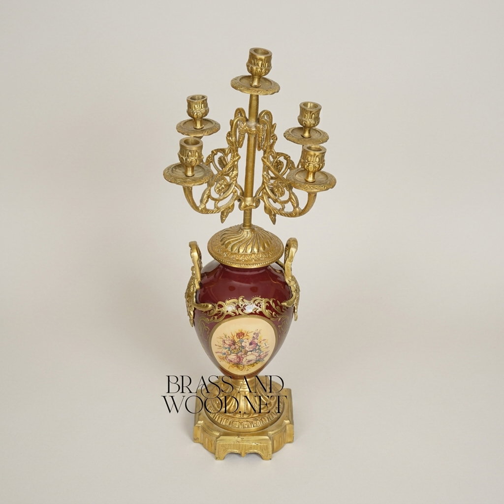 Neoclassical 5-Arm Candelabra with Crimson Porcelain Urn Base and Floral Medallion — Antique Gold