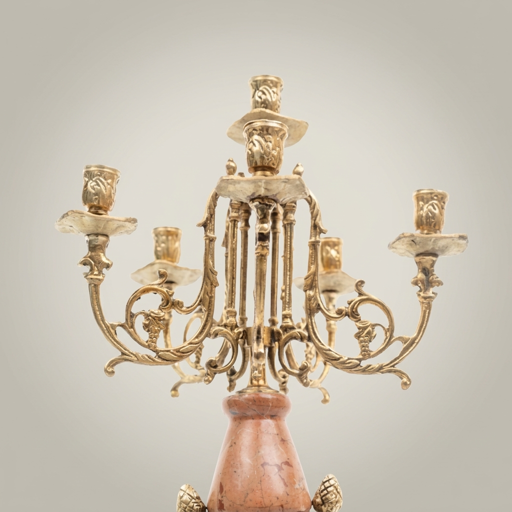 Neoclassical 5-Arm Candelabra with Rouge Marble Column and Ormolu Mounts — Antique Gold