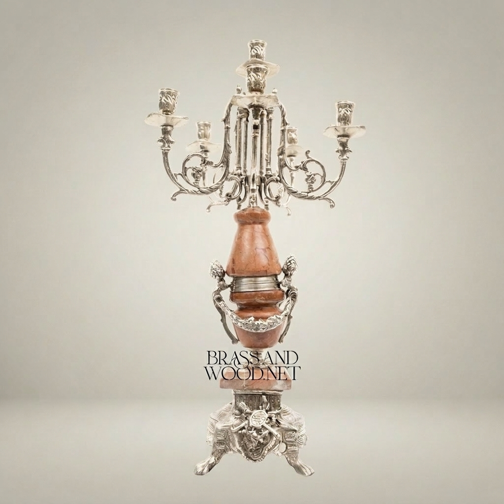 Neoclassical 5-Arm Candelabra with Rouge Marble Column and Ormolu Mounts — Silver