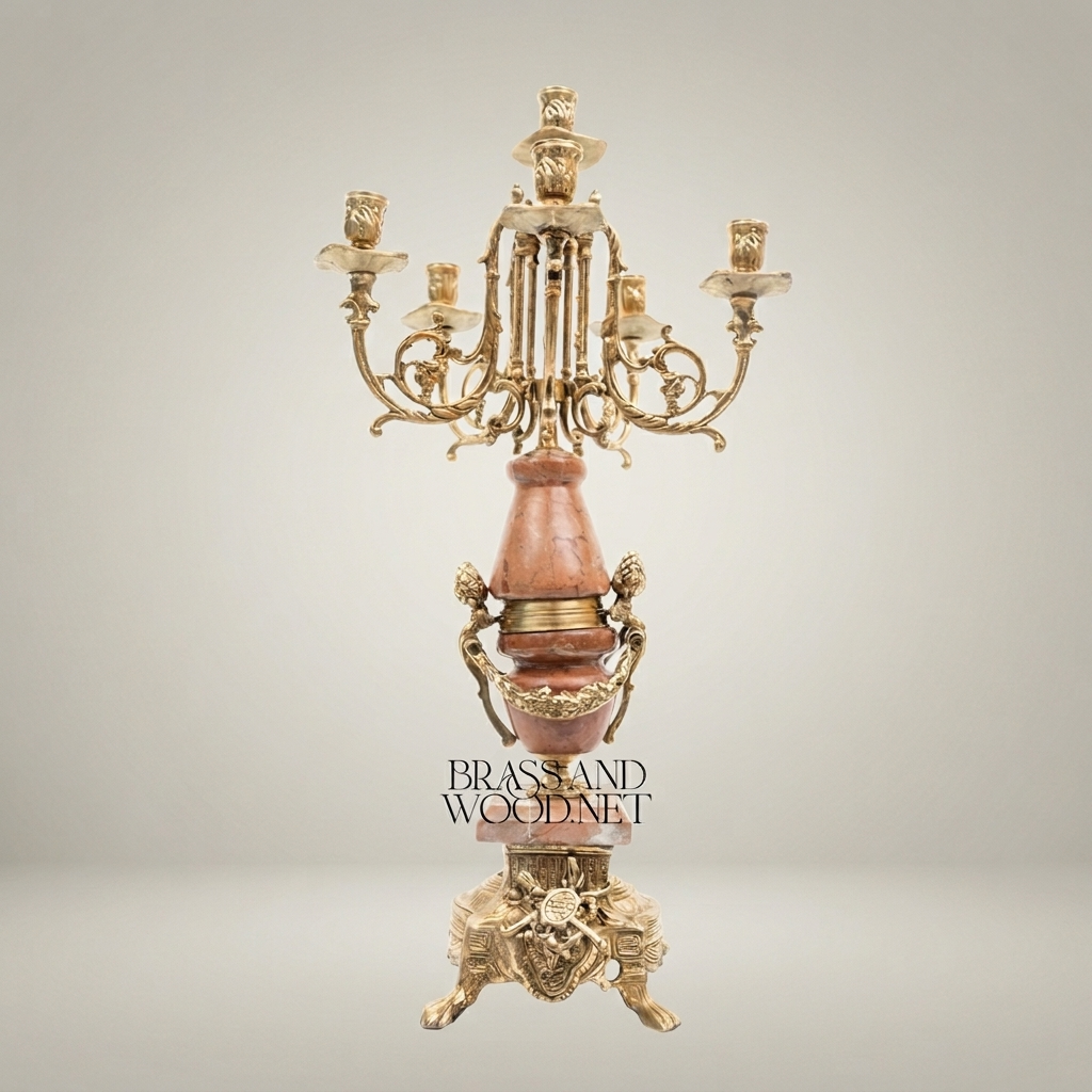 Neoclassical 5-Arm Candelabra with Rouge Marble Column and Ormolu Mounts — Antique Gold
