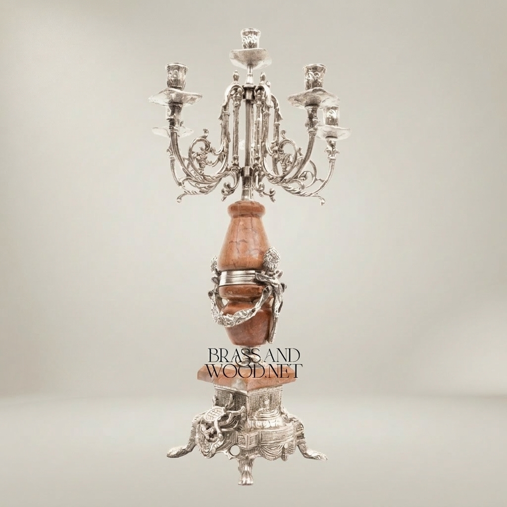 Neoclassical 5-Arm Candelabra with Rouge Marble Column and Ormolu Mounts — Silver