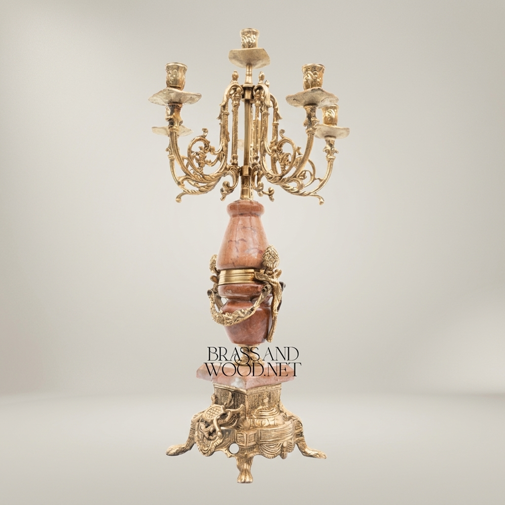 Neoclassical 5-Arm Candelabra with Rouge Marble Column and Ormolu Mounts — Antique Gold