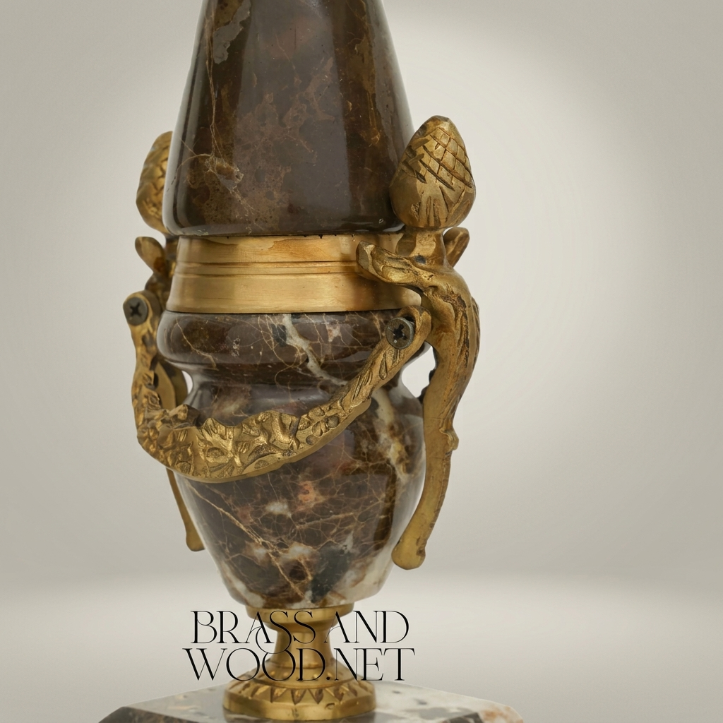 Neoclassical 7-Arm Brass & Marble Candelabra with Foliate Ormolu Base — Antique Gold