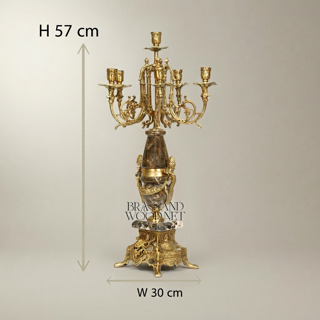 Neoclassical 7-Arm Brass & Marble Candelabra with Foliate Ormolu Base — Antique Gold