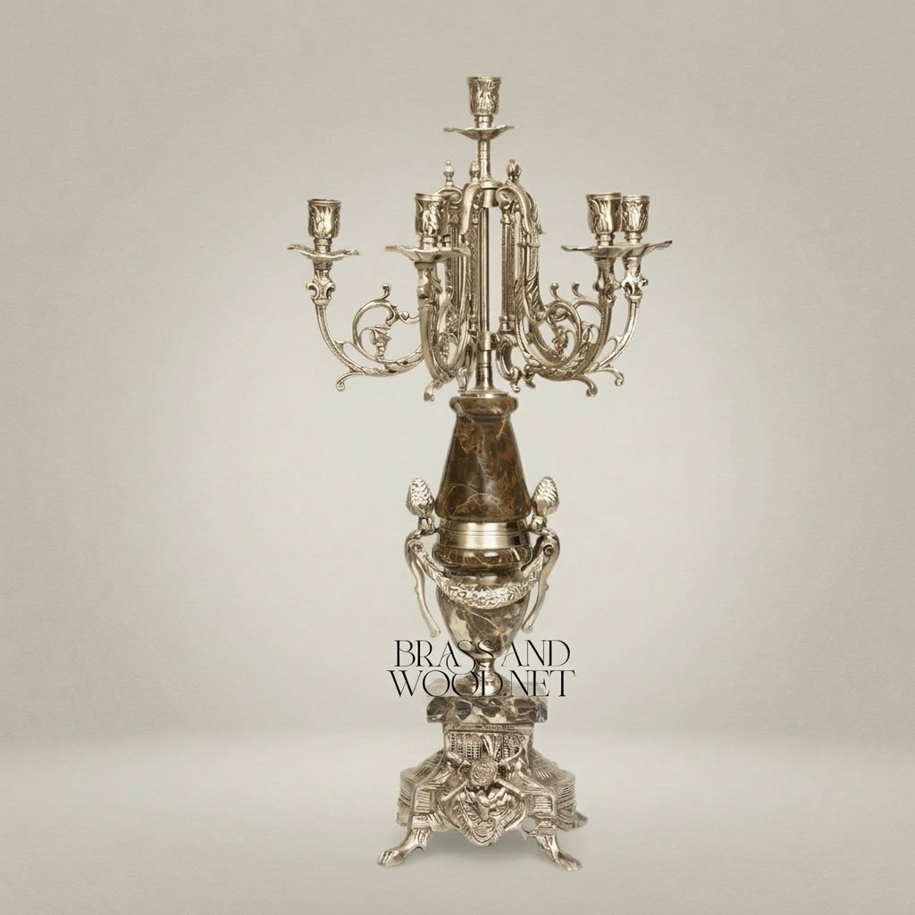 Neoclassical 7-Arm Brass & Marble Candelabra with Foliate Ormolu Base — Silver