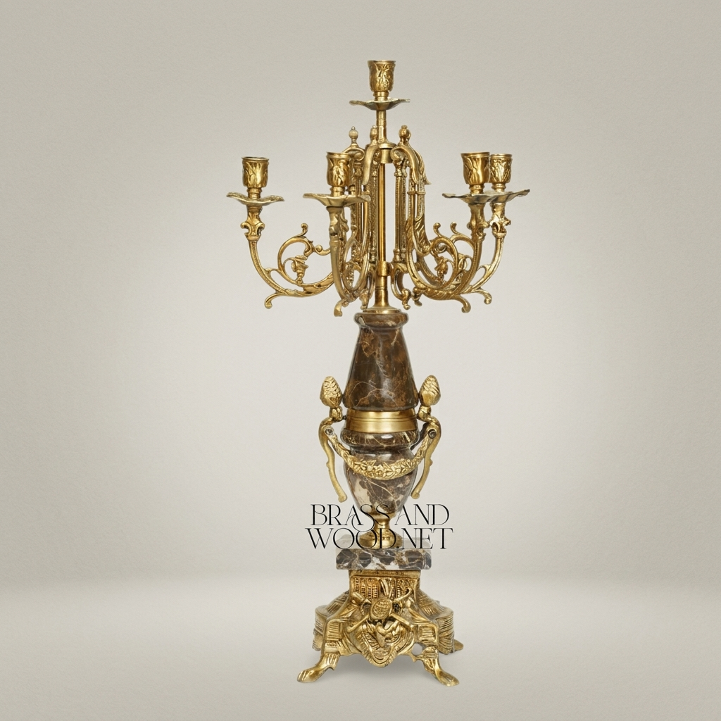 Neoclassical 7-Arm Brass & Marble Candelabra with Foliate Ormolu Base — Antique Gold