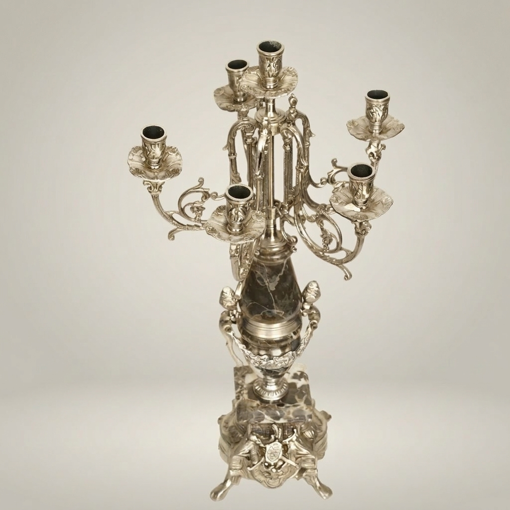 Neoclassical 7-Arm Brass & Marble Candelabra with Foliate Ormolu Base — Silver