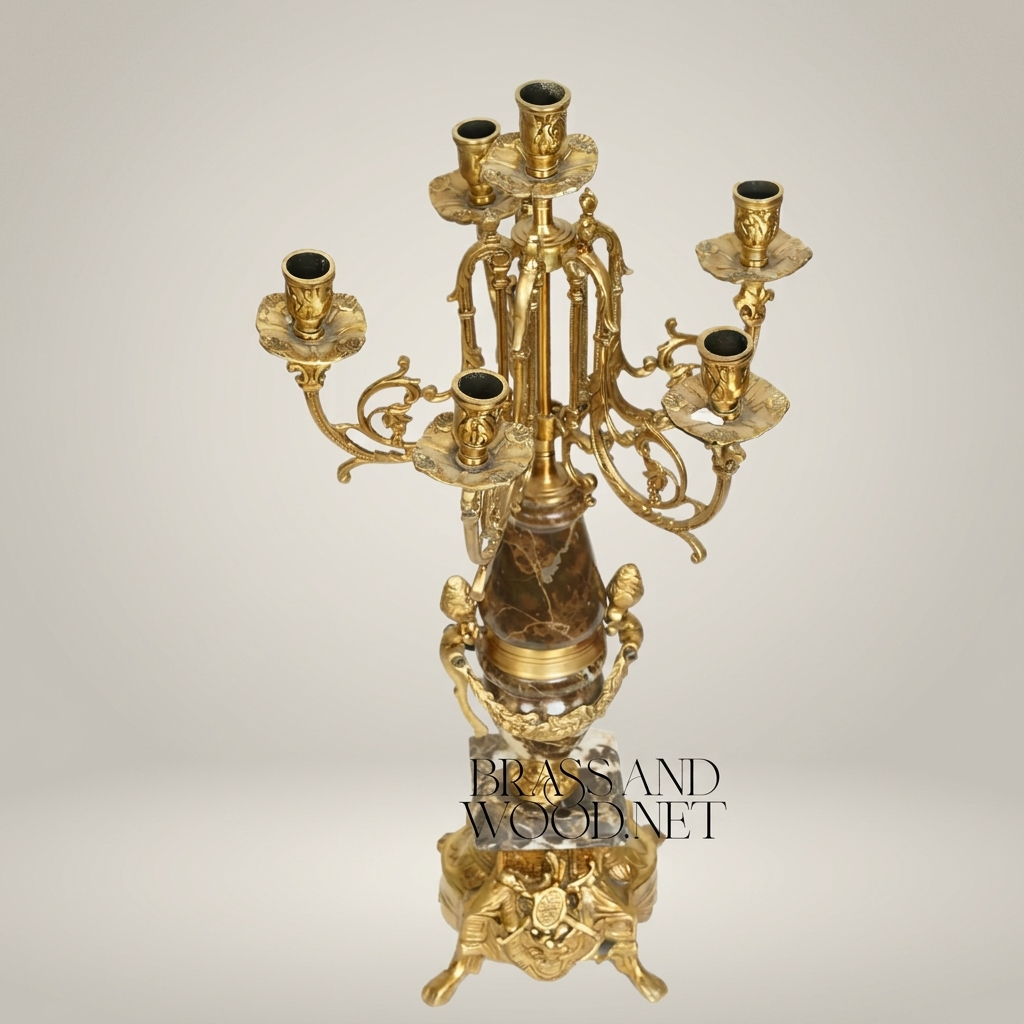 Neoclassical 7-Arm Brass & Marble Candelabra with Foliate Ormolu Base — Antique Gold