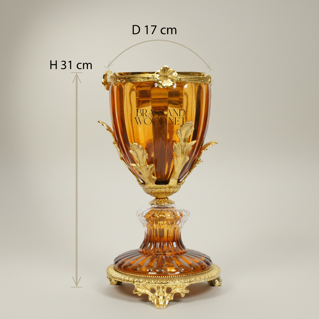 Neoclassical Amber Crystal Incense Burner with Acanthus Brass Mounts on Ornate Pedestal — Gold
