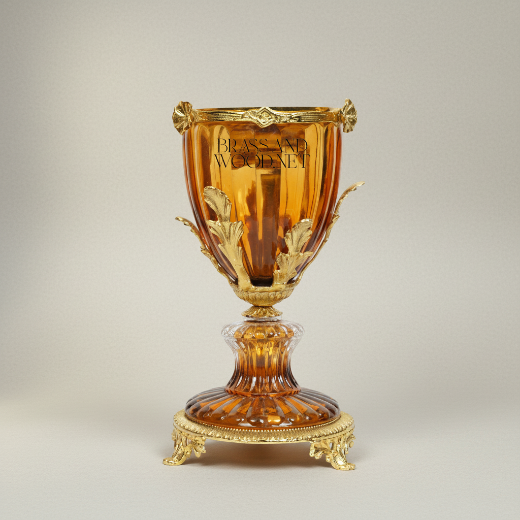 Neoclassical Amber Crystal Incense Burner with Acanthus Brass Mounts on Ornate Pedestal