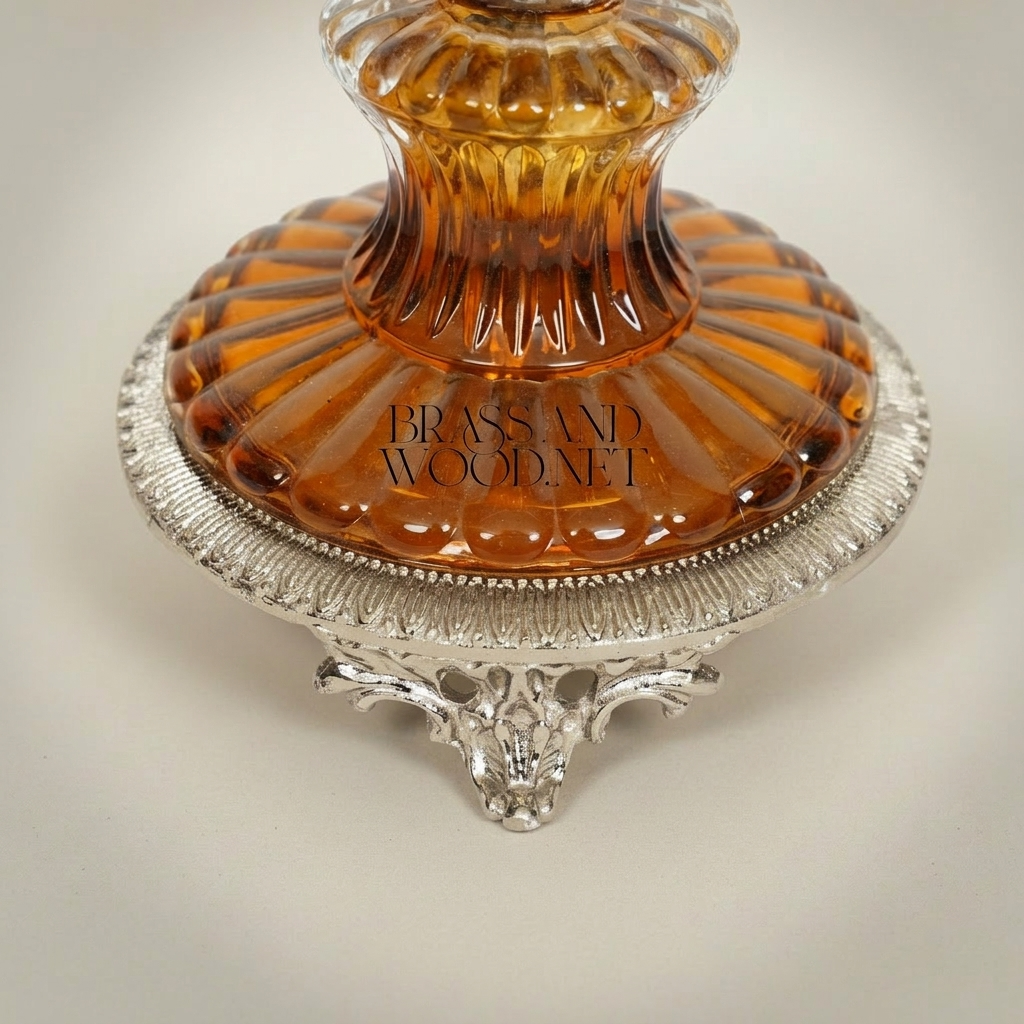 Neoclassical Amber Crystal Incense Burner with Acanthus Brass Mounts on Ornate Pedestal — Silver