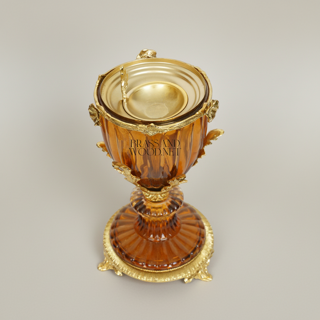 Neoclassical Amber Crystal Incense Burner with Acanthus Brass Mounts on Ornate Pedestal — Gold