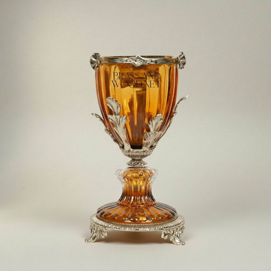 Neoclassical Amber Crystal Incense Burner with Acanthus Brass Mounts on Ornate Pedestal — Silver