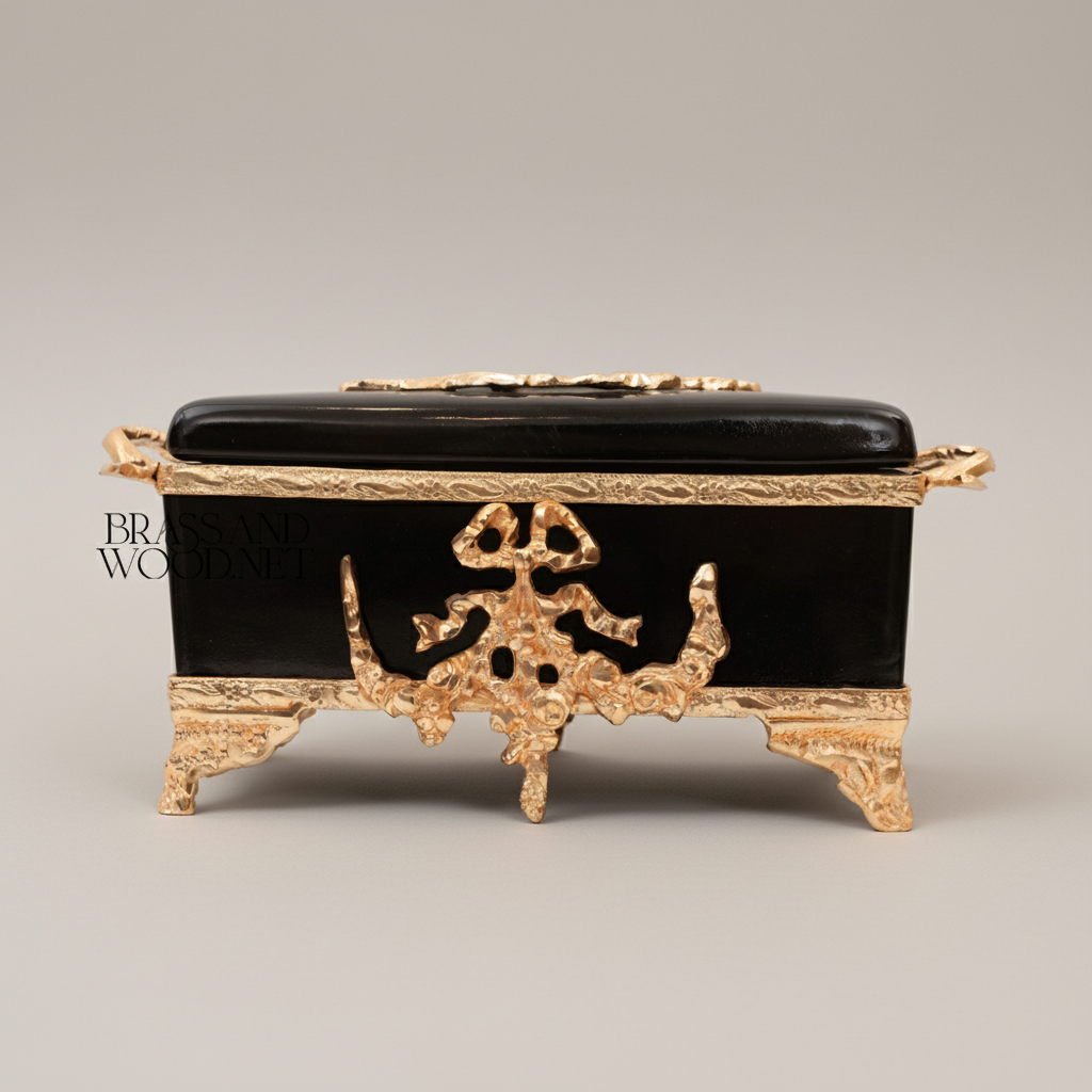 Neoclassical Black Ceramic & Brass Tissue Box with Floral Swag Mounts — Gold