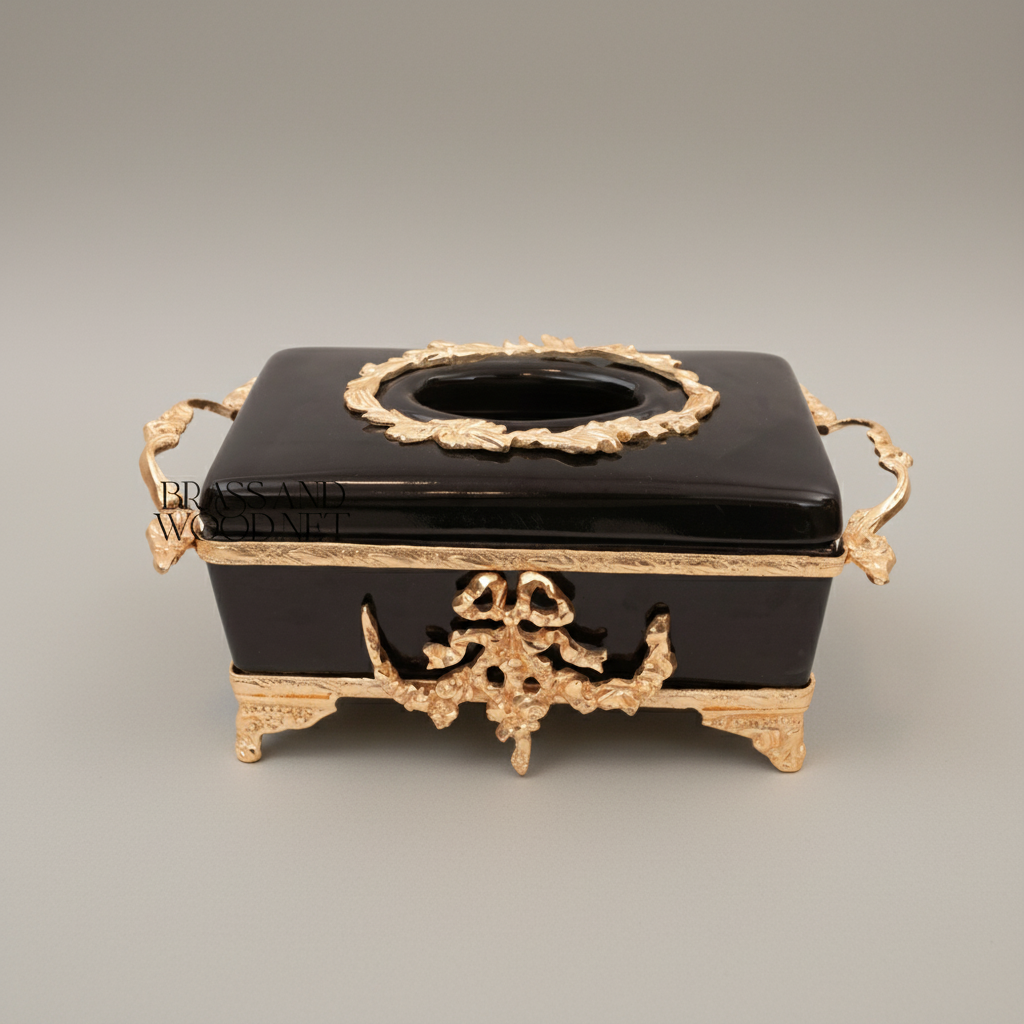 Neoclassical Black Ceramic & Brass Tissue Box with Floral Swag Mounts — Gold