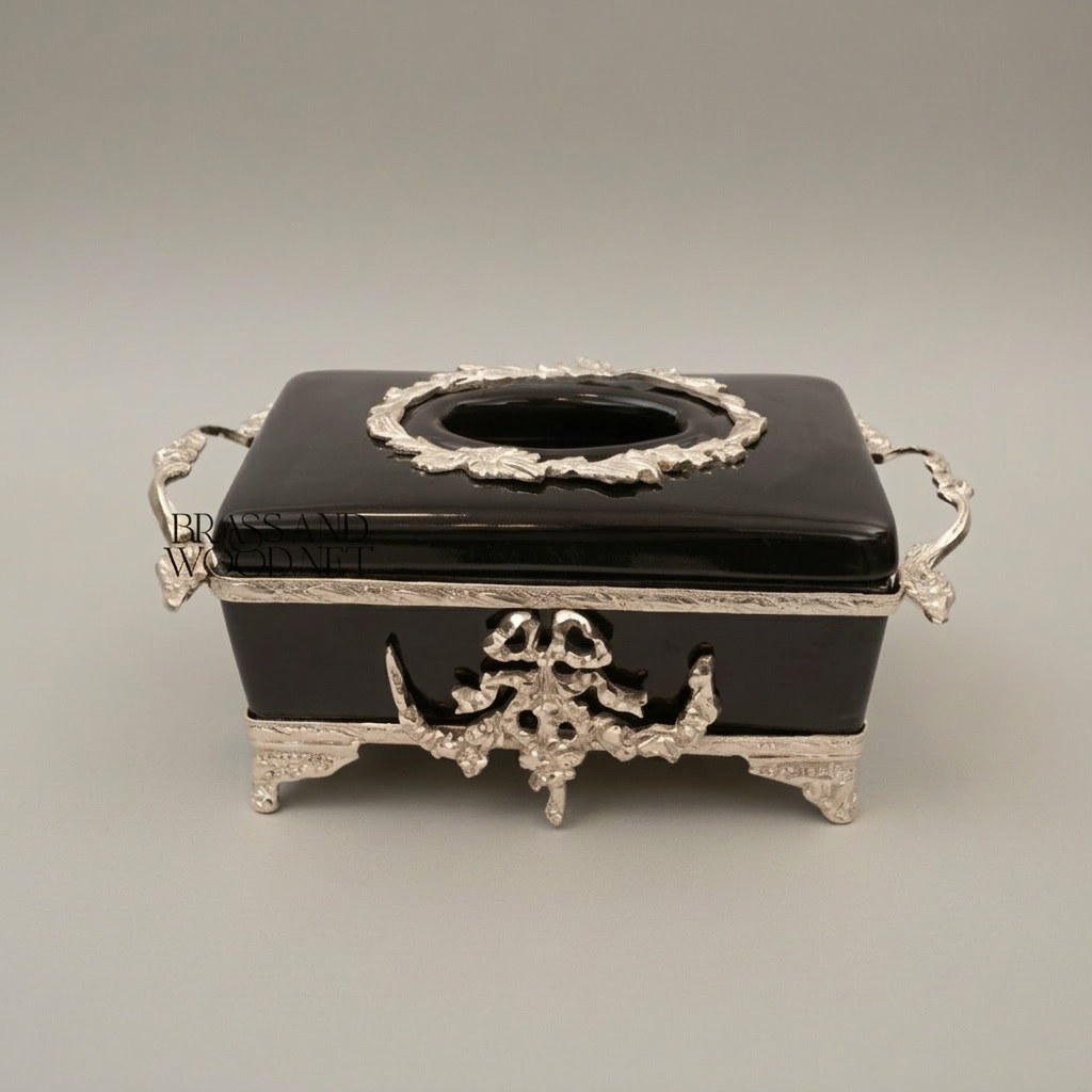 Neoclassical Black Ceramic & Brass Tissue Box with Floral Swag Mounts — Silver