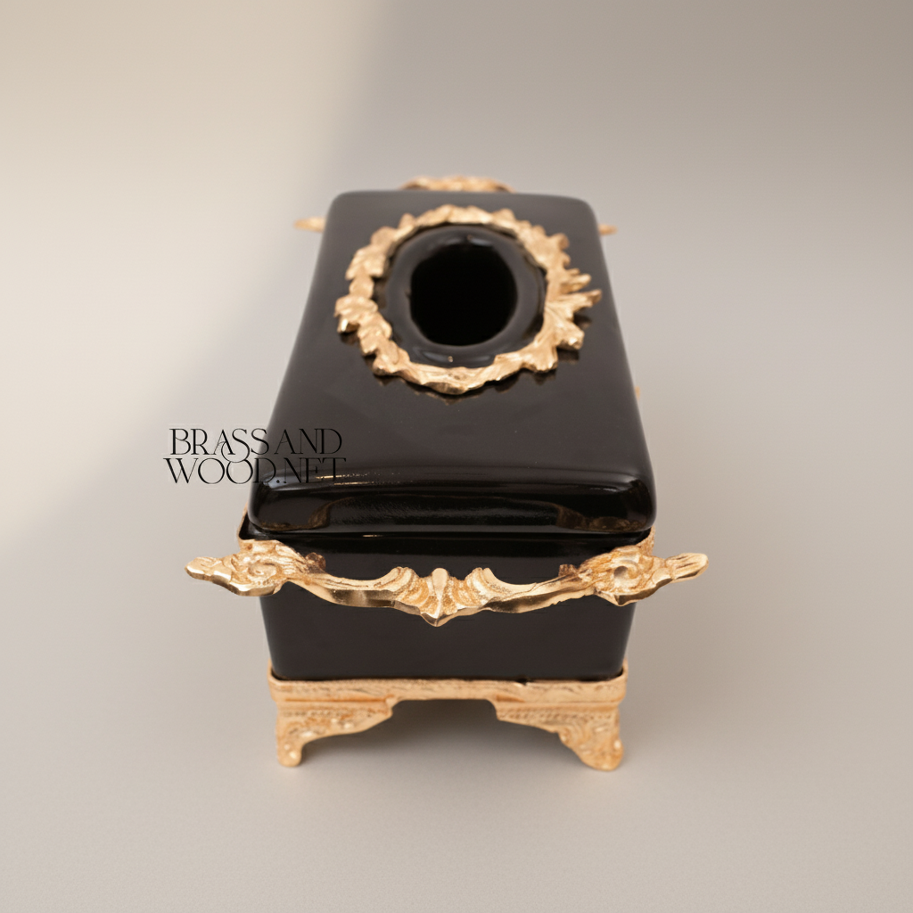 Neoclassical Black Ceramic & Brass Tissue Box with Floral Swag Mounts — Gold