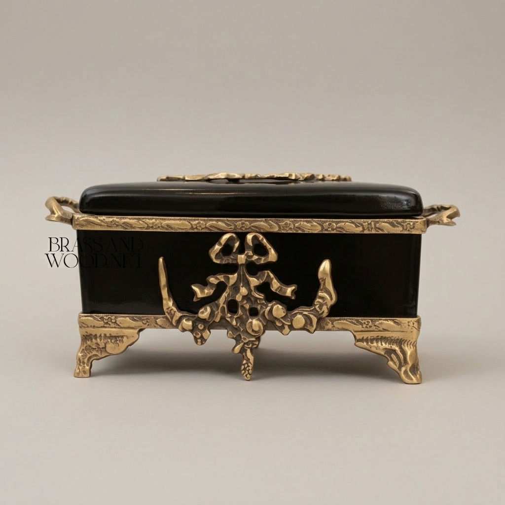 Neoclassical Black Ceramic & Brass Tissue Box with Floral Swag Mounts — Antique Gold