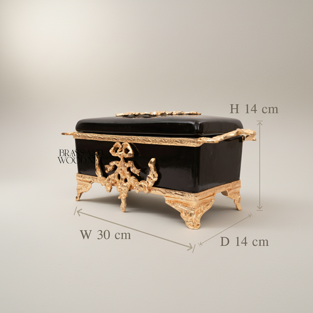 Neoclassical Black Ceramic & Brass Tissue Box with Floral Swag Mounts — Gold