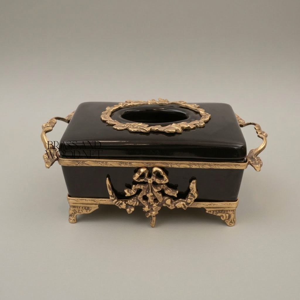Neoclassical Black Ceramic & Brass Tissue Box with Floral Swag Mounts — Antique Gold