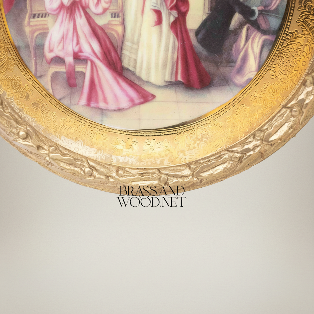 Neoclassical Bow-Crowned Circular Brass Frame with Hand-Painted Salon Scene Porcelain Plate