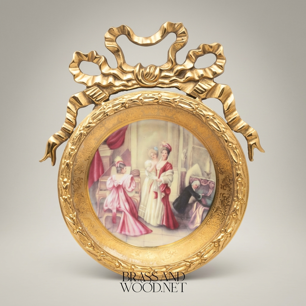 Neoclassical Bow-Crowned Circular Brass Frame with Hand-Painted Salon Scene Porcelain Plate — Gold