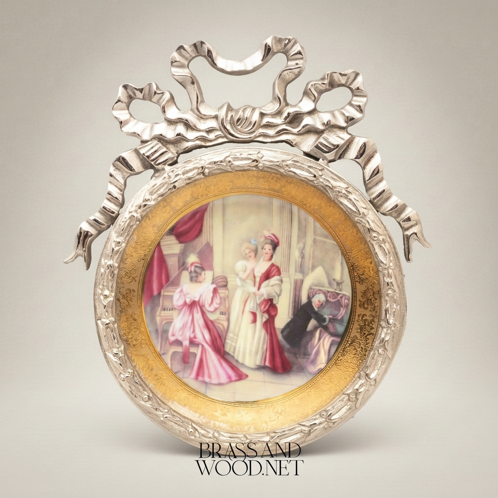 Neoclassical Bow-Crowned Circular Brass Frame with Hand-Painted Salon Scene Porcelain Plate — Silver